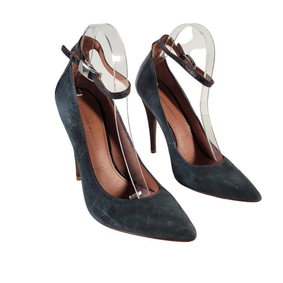 Sigerson Morrison Shoes - SIGERSON MORRISON Green Suede Black Croco Ankle Strap Heels Women Sz 8.5